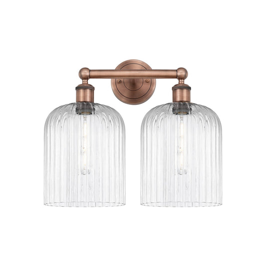 Innovations Bridal Veil 14in 2-Light Bath Vanity | Art Nouveau Industrial Antique Copper Steel and Clear Ribbed Glass | Model 616-2W-AC-G559-8CL