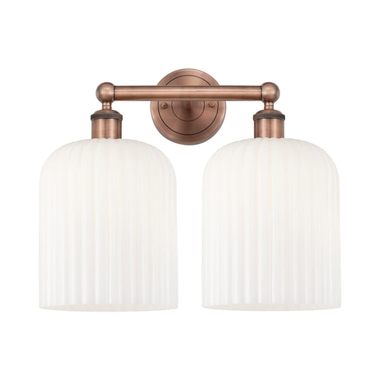 Innovations Bridal Veil 14in 2-Light Bath Vanity Light | Art Nouveau Antique Copper and Gloss White Ribbed Glass | Damp Rated | Model 616-2W-AC-G559-8GWH