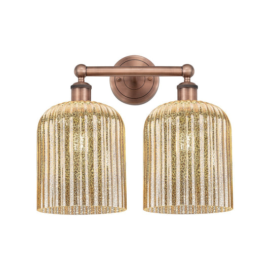 Innovations Bridal Veil 14in 2-Light Bath Vanity | Art Nouveau Industrial Antique Copper Steel and Mercury Ribbed Glass | Model 616-2W-AC-G559-8ME