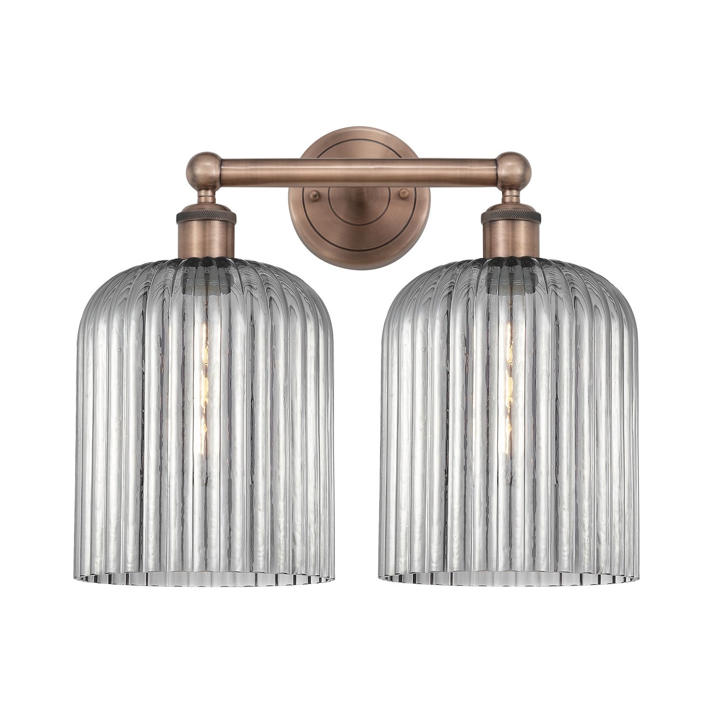 Innovations Bridal Veil 14in 2-Light Bath Vanity Light | Art Nouveau Industrial Antique Copper and Light Smoke Ribbed Glass | Model 616-2W-AC-G559-8SM