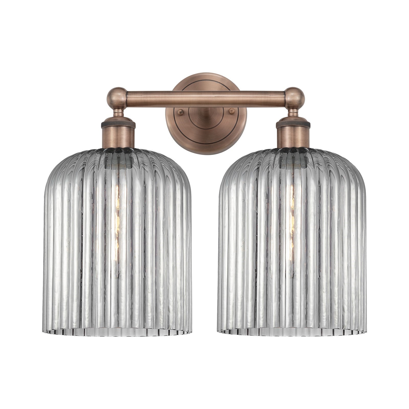 Innovations Bridal Veil 14in 2-Light Bath Vanity Light | Art Nouveau Industrial Antique Copper and Light Smoke Ribbed Glass | Model 616-2W-AC-G559-8SM
