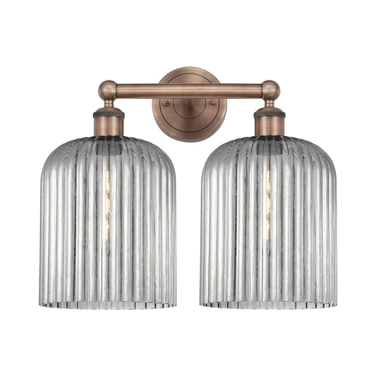 Innovations Bridal Veil 14in 2-Light Bath Vanity Light | Art Nouveau Industrial Antique Copper and Light Smoke Ribbed Glass | Model 616-2W-AC-G559-8SM