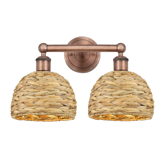 Innovations Edison 17in 2-Light Bath Vanity Light | Industrial Antique Copper Steel and Natural Rattan Shade | Bathroom Vanity | Model 616-2W-AC-RBD-8-NAT