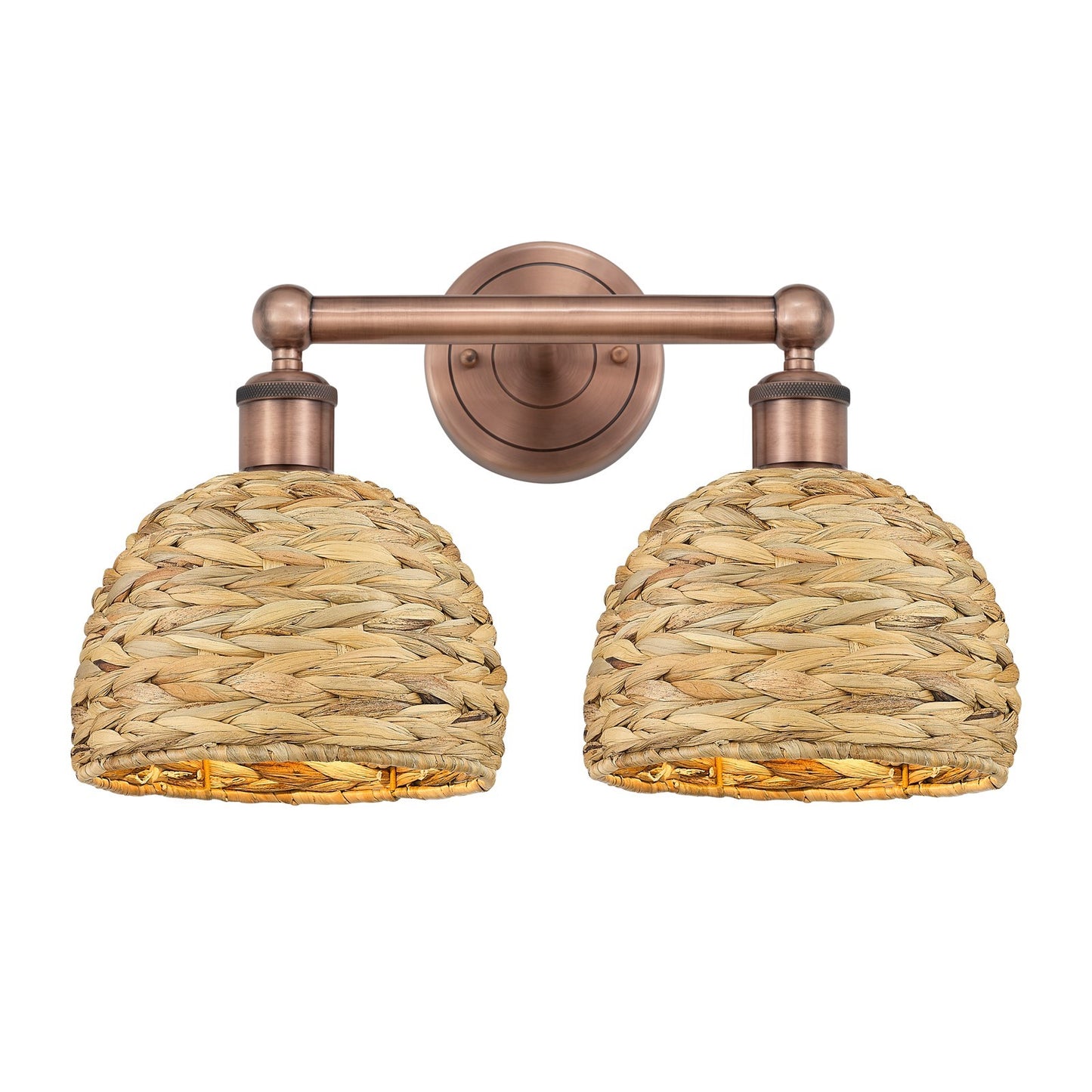Innovations Edison 17in 2-Light Bath Vanity Light | Industrial Antique Copper Steel and Natural Rattan Shade | Bathroom Vanity | Model 616-2W-AC-RBD-8-NAT