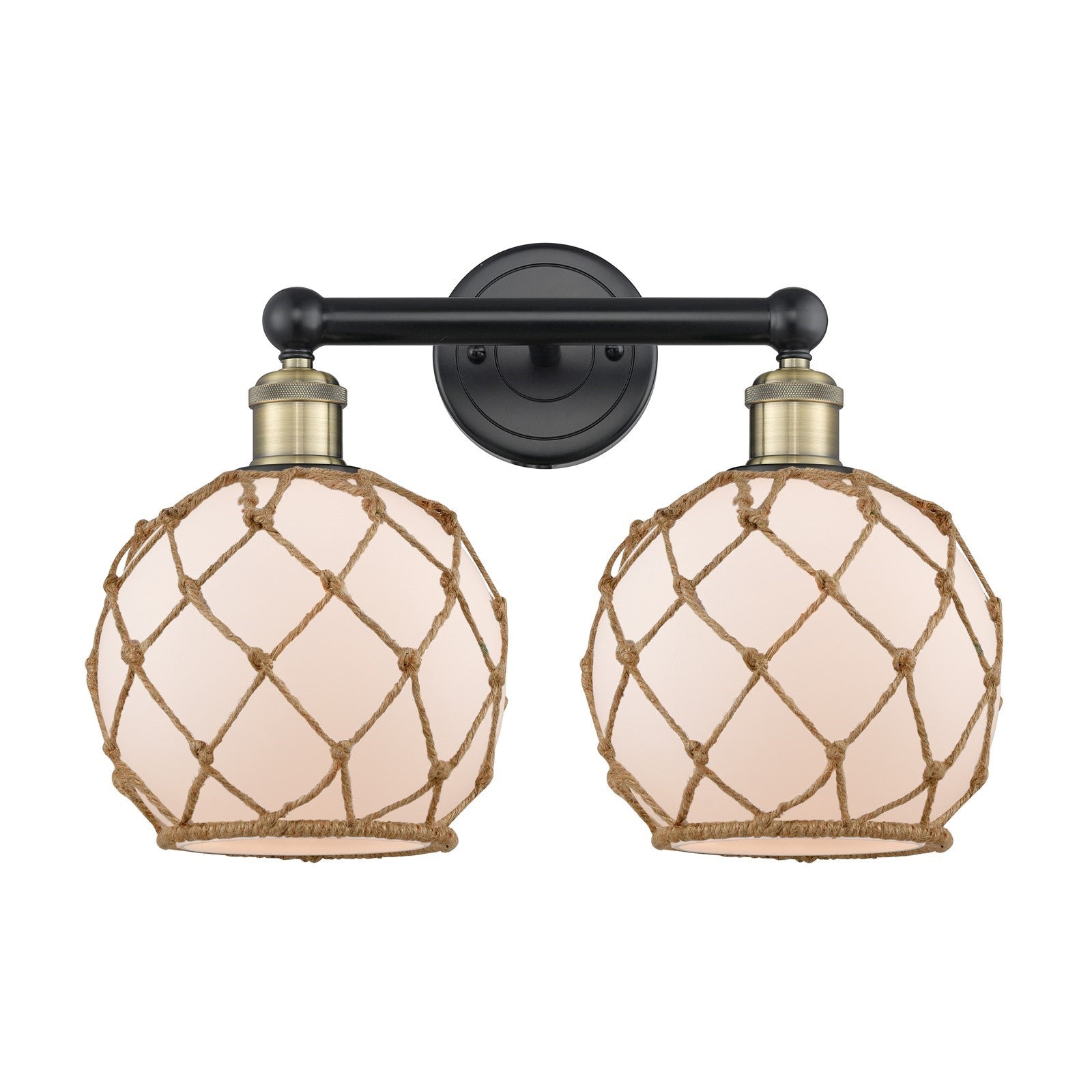 Innovations Farmhouse Rope 17in 2-Light Bath Vanity | Industrial Black Antique Brass and White Frosted Glass with Brown Rope | Model 616-2W-BAB-G121-8RB