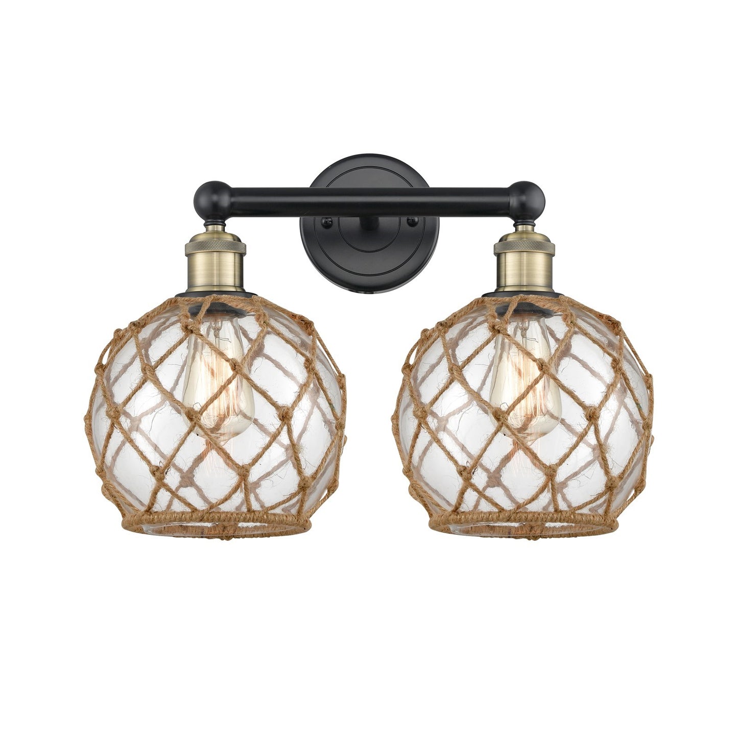 Innovations Farmhouse Rope 17in 2-Light Bath Vanity Light | Industrial Black Antique Brass Steel and Clear Glass with Brown | Model 616-2W-BAB-G122-8RB
