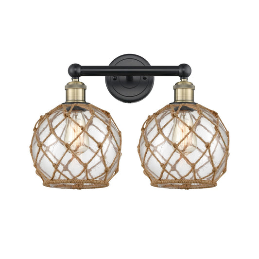 Innovations Farmhouse Rope 17in 2-Light Bath Vanity Light | Industrial Black Antique Brass Steel and Clear Glass with Brown | Model 616-2W-BAB-G122-8RB