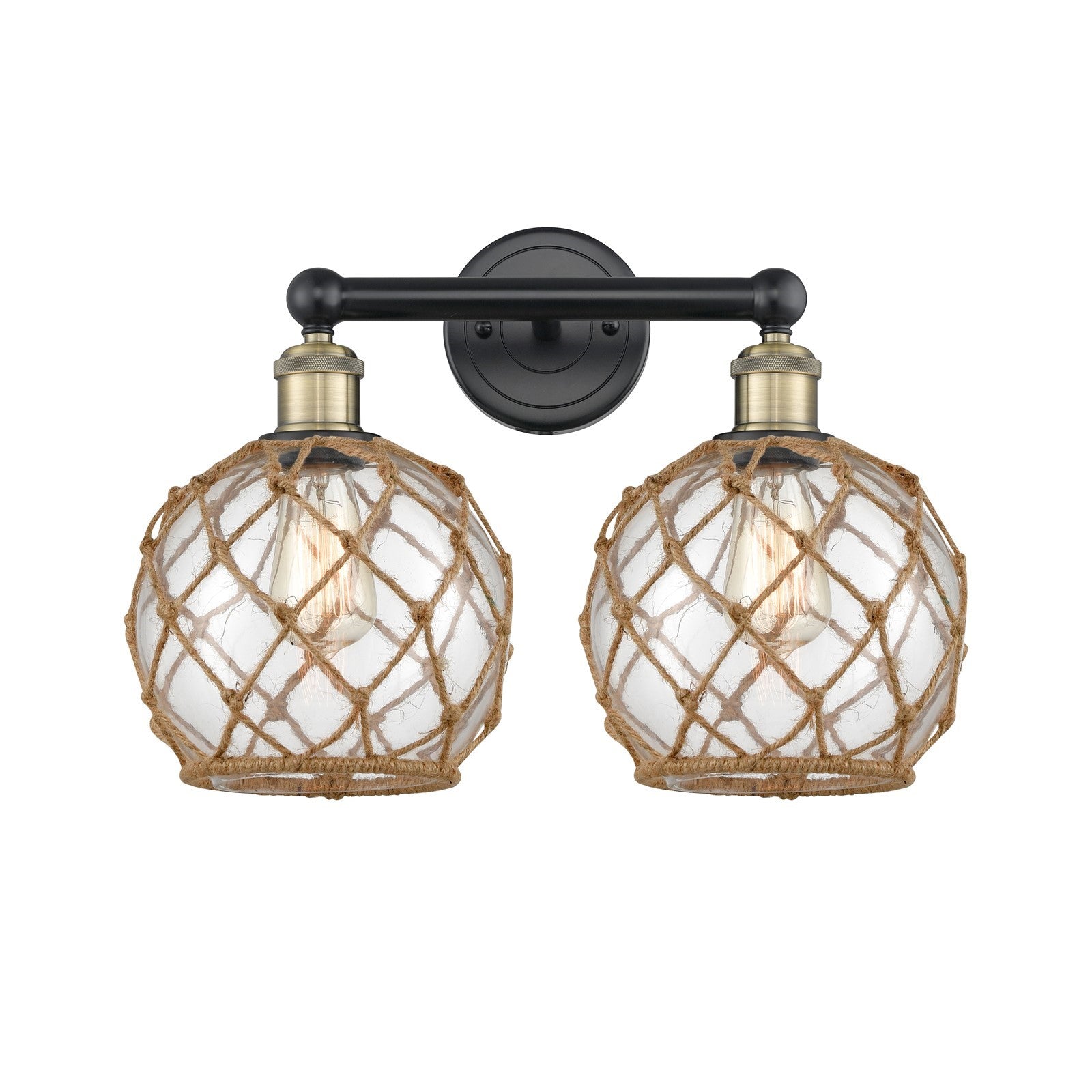 Innovations Farmhouse Rope 17in 2-Light Bath Vanity Light | Industrial Black Antique Brass Steel and Clear Glass with Brown | Model 616-2W-BAB-G122-8RB