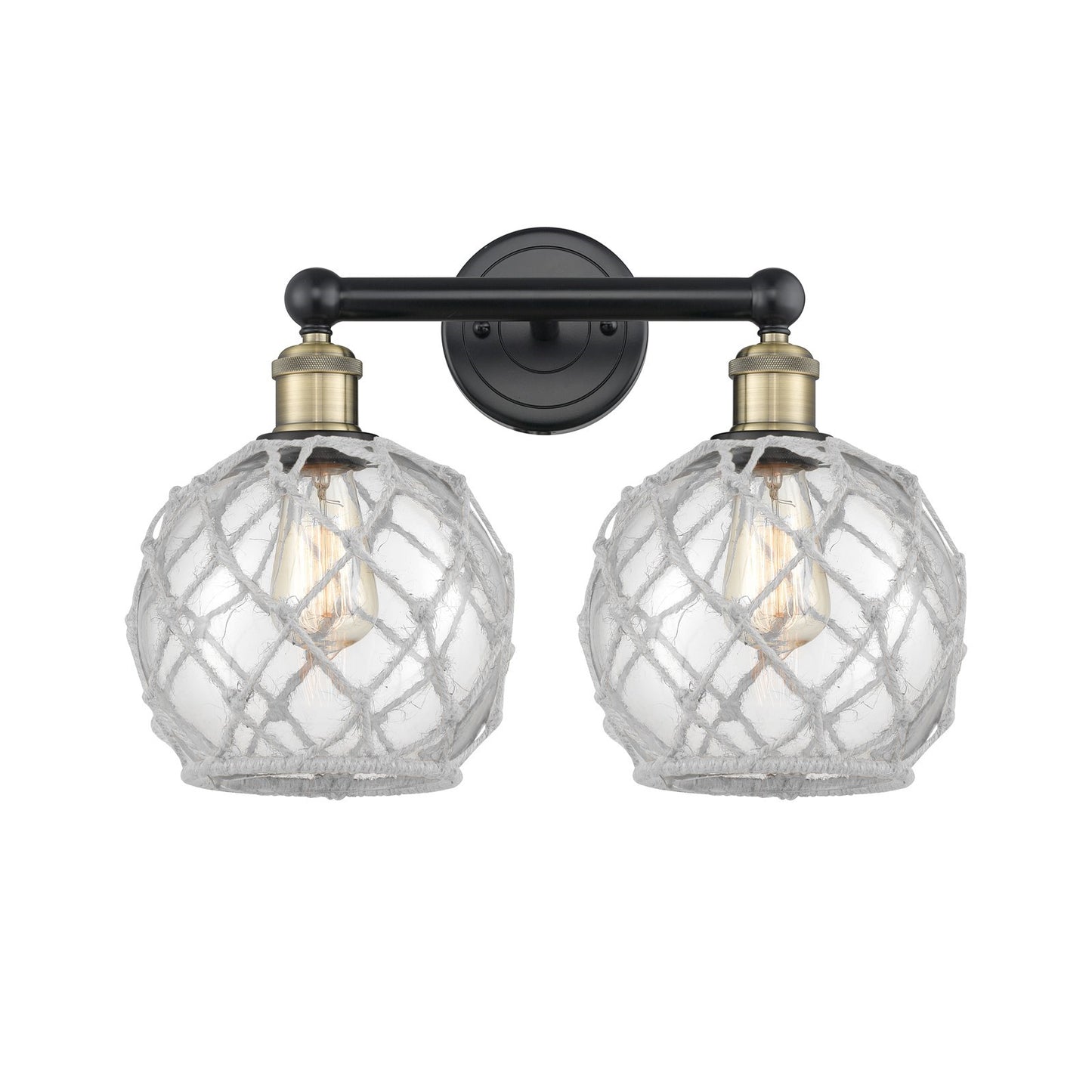 Innovations Farmhouse Rope 17in 2-Light Bath Vanity | Industrial Black Antique Brass Steel and Clear Glass with White Rope | Model 616-2W-BAB-G122-8RW