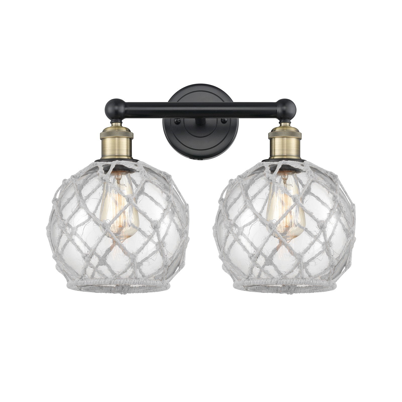 Innovations Farmhouse Rope 17in 2-Light Bath Vanity | Industrial Black Antique Brass Steel and Clear Glass with White Rope | Model 616-2W-BAB-G122-8RW