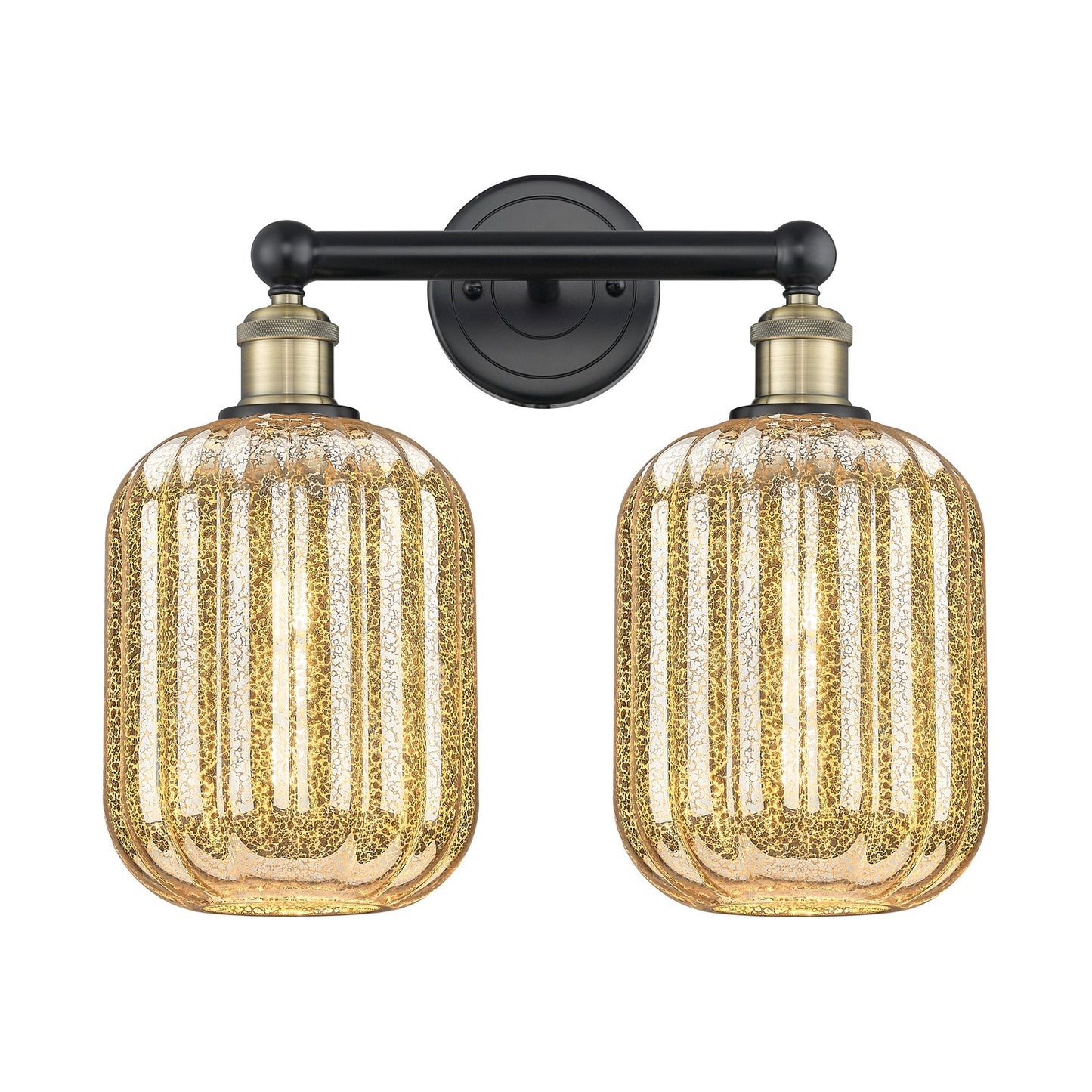 Innovations Preston Cylinder 16in 2-Light Bath Vanity Light | Industrial Matte Black and Antique Brass with Mercury Glass | Model 616-2W-BAB-G460-7ME