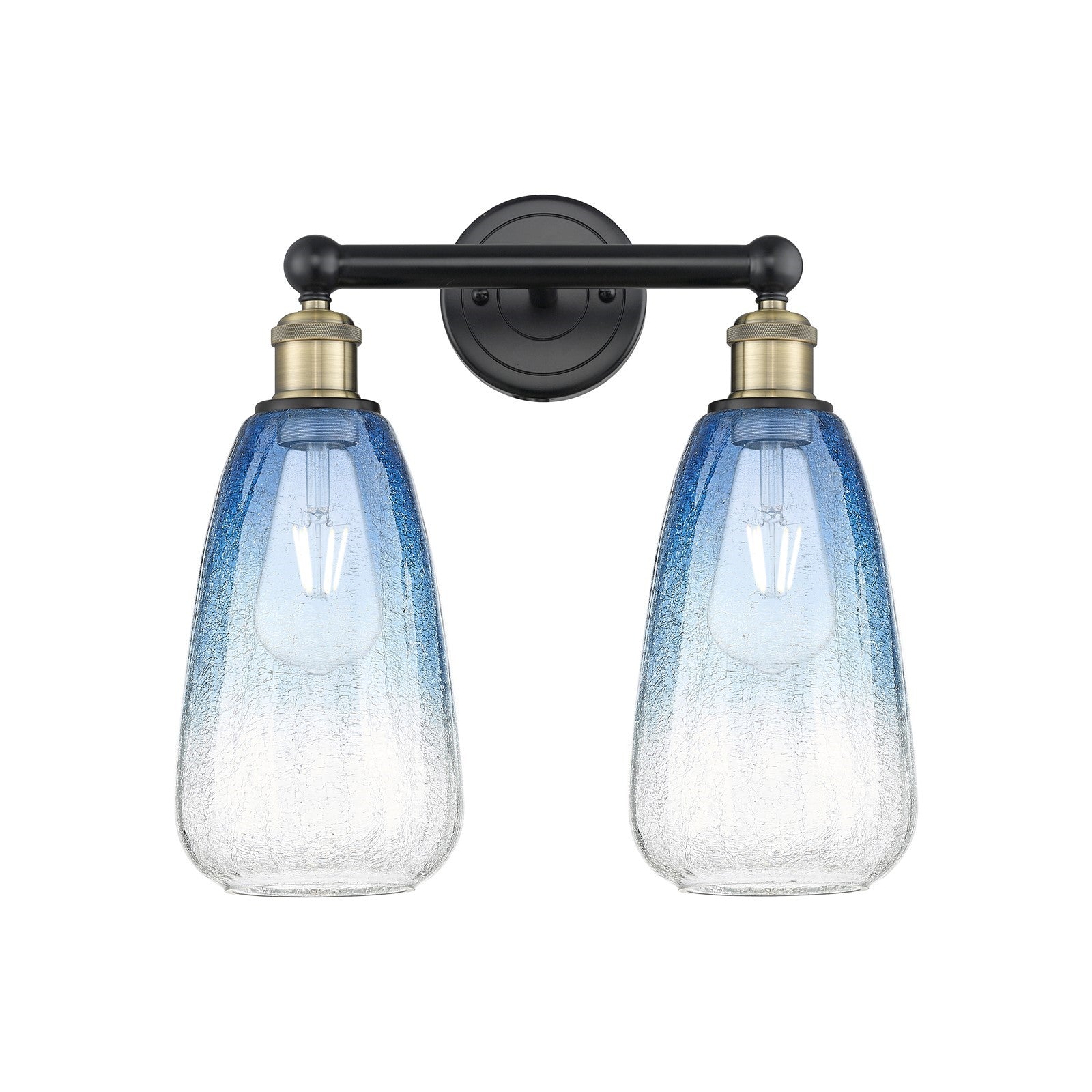 Innovations Brookhaven Almond 15in 2-Light Bath Vanity Light | Industrial Black Antique Brass and Sapphire Blue Glass | Model 616-2W-BAB-G480-6SB