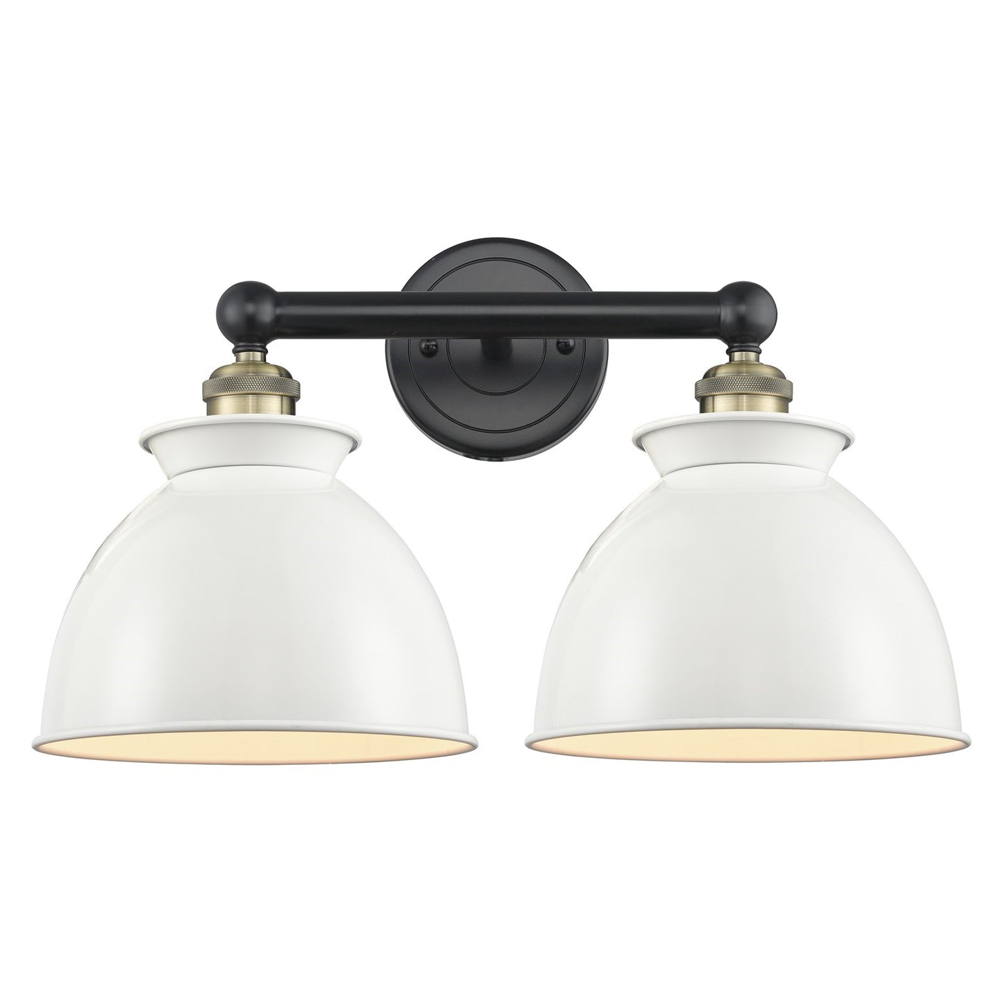 Innovations Adirondack 17in 2-Light Bath Vanity | Industrial Farmhouse Black Antique Brass and Glossy White Metal Shade | Model 616-2W-BAB-M14-W