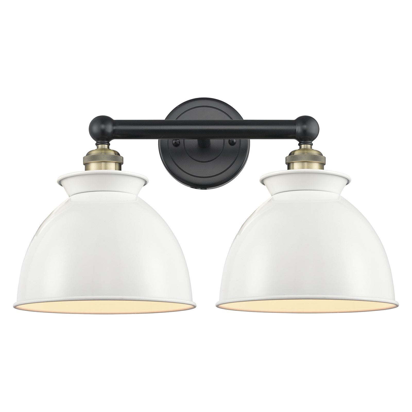 Innovations Adirondack 17in 2-Light Bath Vanity | Industrial Farmhouse Black Antique Brass and Glossy White Metal Shade | Model 616-2W-BAB-M14-W
