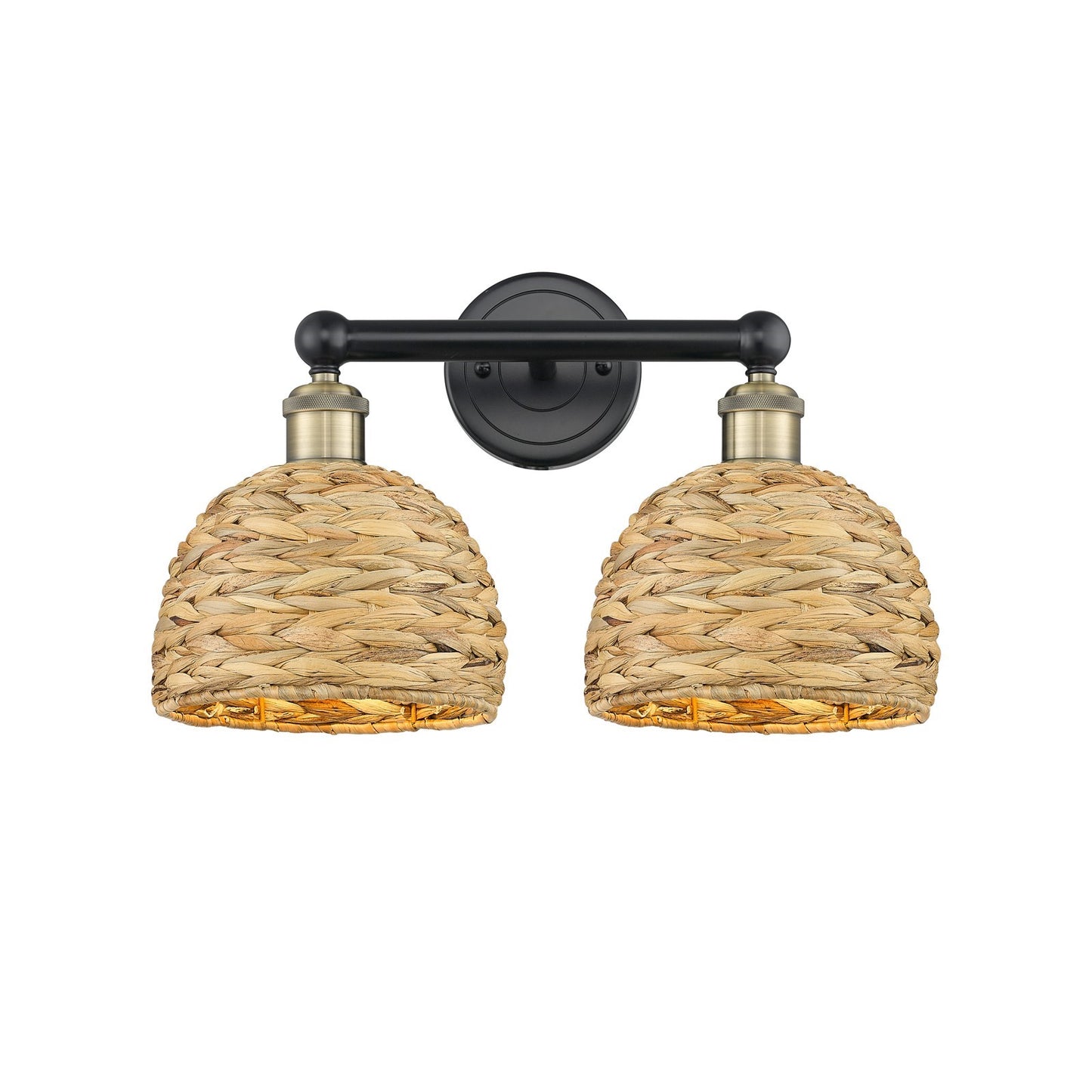 Innovations Woven Rattan 17in 2-Light Bath Vanity Light | Industrial Black Antique Brass and Natural Fiber Shade | Bathroom | Model 616-2W-BAB-RBD-8-NAT