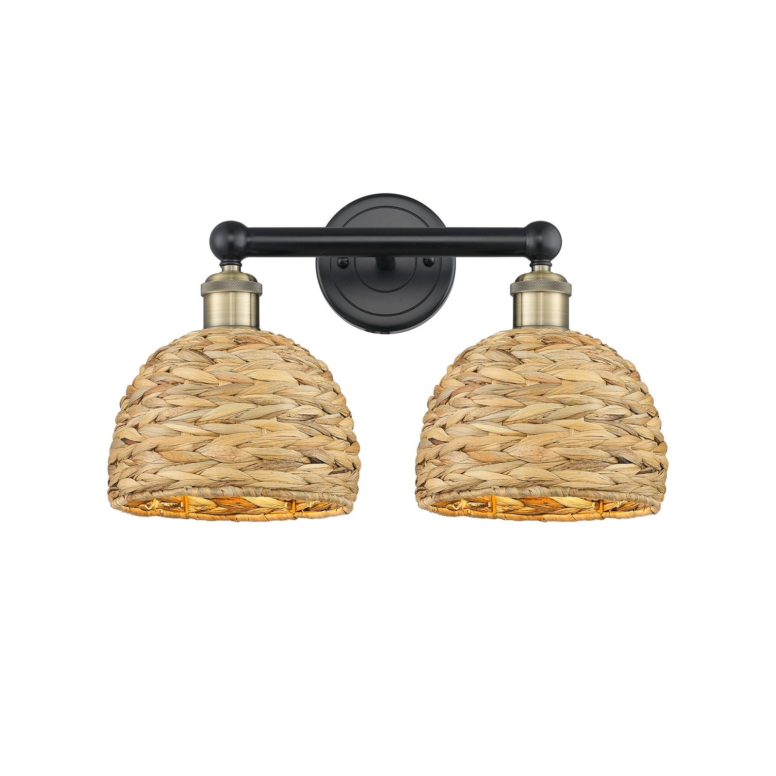 Innovations Woven Rattan 17in 2-Light Bath Vanity Light | Industrial Black Antique Brass and Natural Fiber Shade | Bathroom | Model 616-2W-BAB-RBD-8-NAT