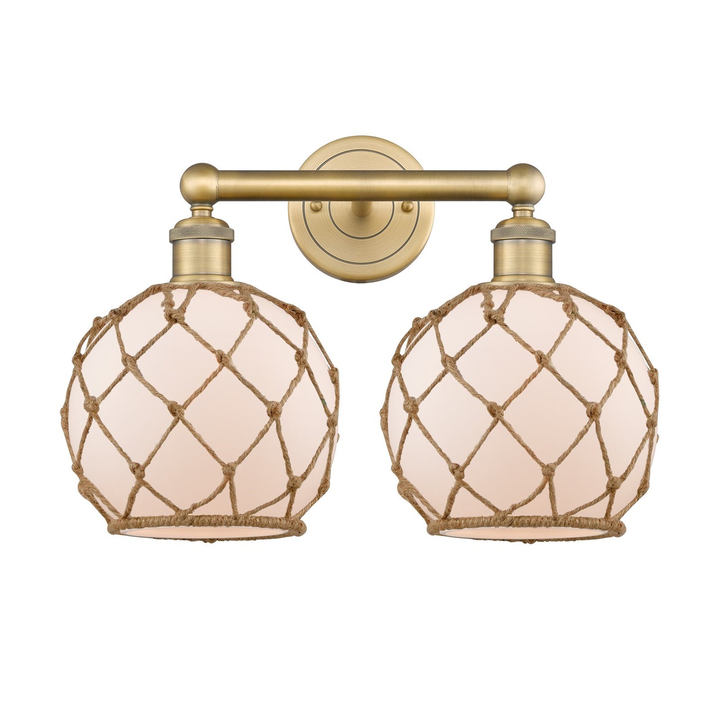 Innovations Farmhouse Rope 17in 2-Light Bath Vanity | Industrial Brushed Brass and White Glass with Brown Rope | Bathroom & | Model 616-2W-BB-G121-8RB