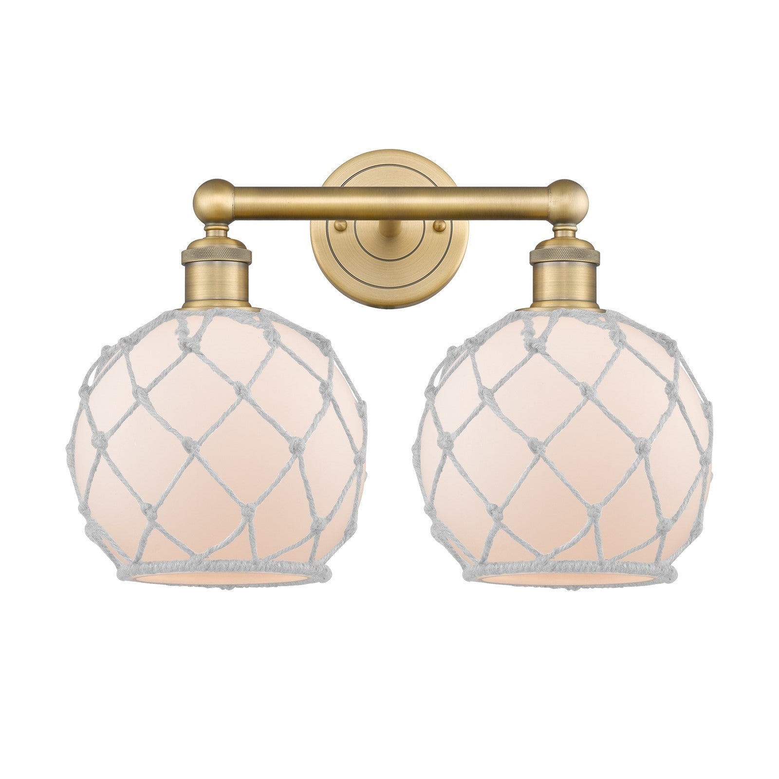 Innovations Farmhouse Rope 17in 2-Light Bath Vanity | Industrial Brushed Brass Steel and White Frosted Glass with Rope | Model 616-2W-BB-G121-8RW