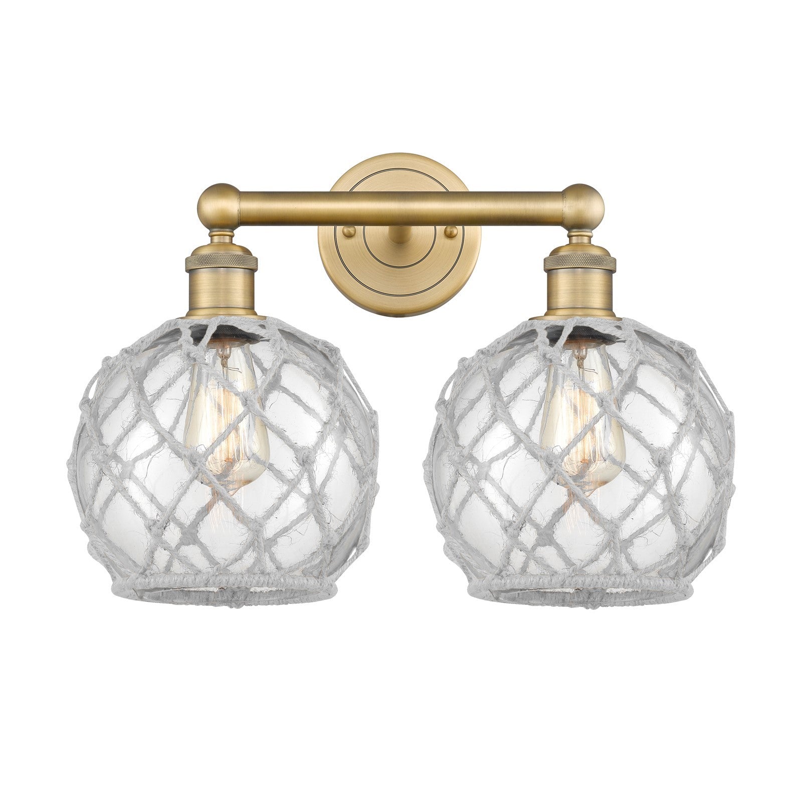 Innovations Farmhouse Rope 17in 2-Light Bath Vanity | Industrial Brushed Brass Steel and Clear Glass with White Rope | Bathroom | Model 616-2W-BB-G122-8RW
