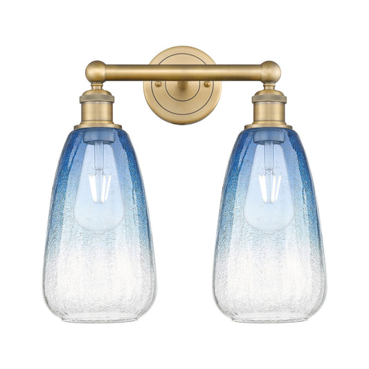 Innovations Brookhaven Almond 15in 2-Light Bath Vanity Light | Industrial Brushed Brass and Sapphire Blue Glass | Bathroom | Model 616-2W-BB-G480-6SB