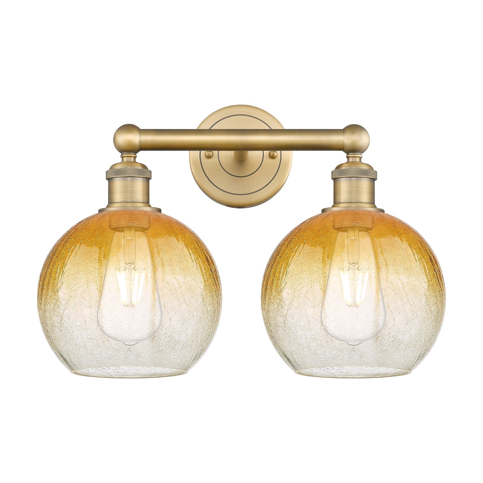 Innovations Brookhaven Globe 17in 2-Light Bath Vanity Light | Industrial Brushed Brass and Amber Glass | Bathroom Vanity | Model 616-2W-BB-G483-8AM