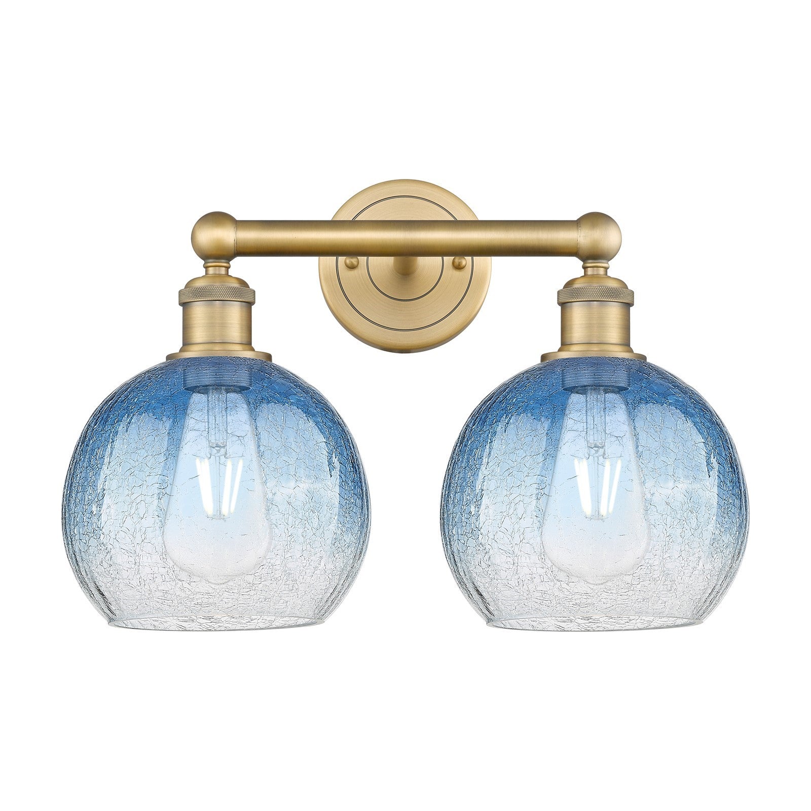 Innovations Brookhaven Globe 17in 2-Light Bath Vanity Light | Industrial Brushed Brass Steel and Sapphire Blue Glass | Bathroom | Model 616-2W-BB-G483-8SB