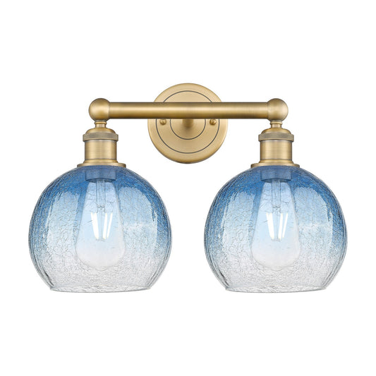 Innovations Brookhaven Globe 17in 2-Light Bath Vanity Light | Industrial Brushed Brass Steel and Sapphire Blue Glass | Bathroom | Model 616-2W-BB-G483-8SB