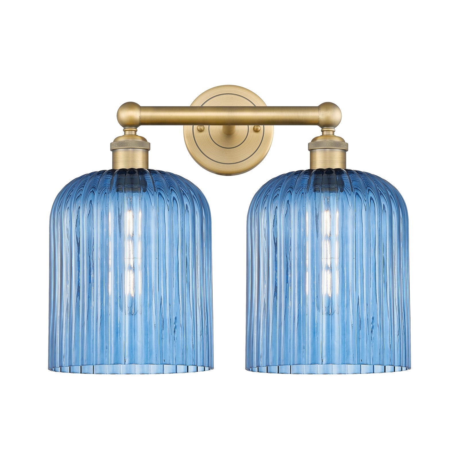 Innovations Bridal Veil 14in 2-Light Bath Vanity | Industrial Art Nouveau Brushed Brass and Princess Blue Ribbed Glass | Model 616-2W-BB-G559-8BL