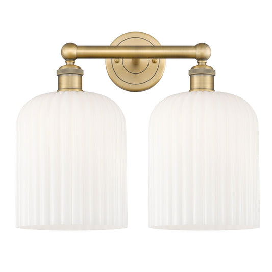 Innovations Bridal Veil 14in 2-Light Bath Vanity Light | Art Nouveau Industrial Brushed Brass and Gloss White Ribbed Glass | Model 616-2W-BB-G559-8GWH