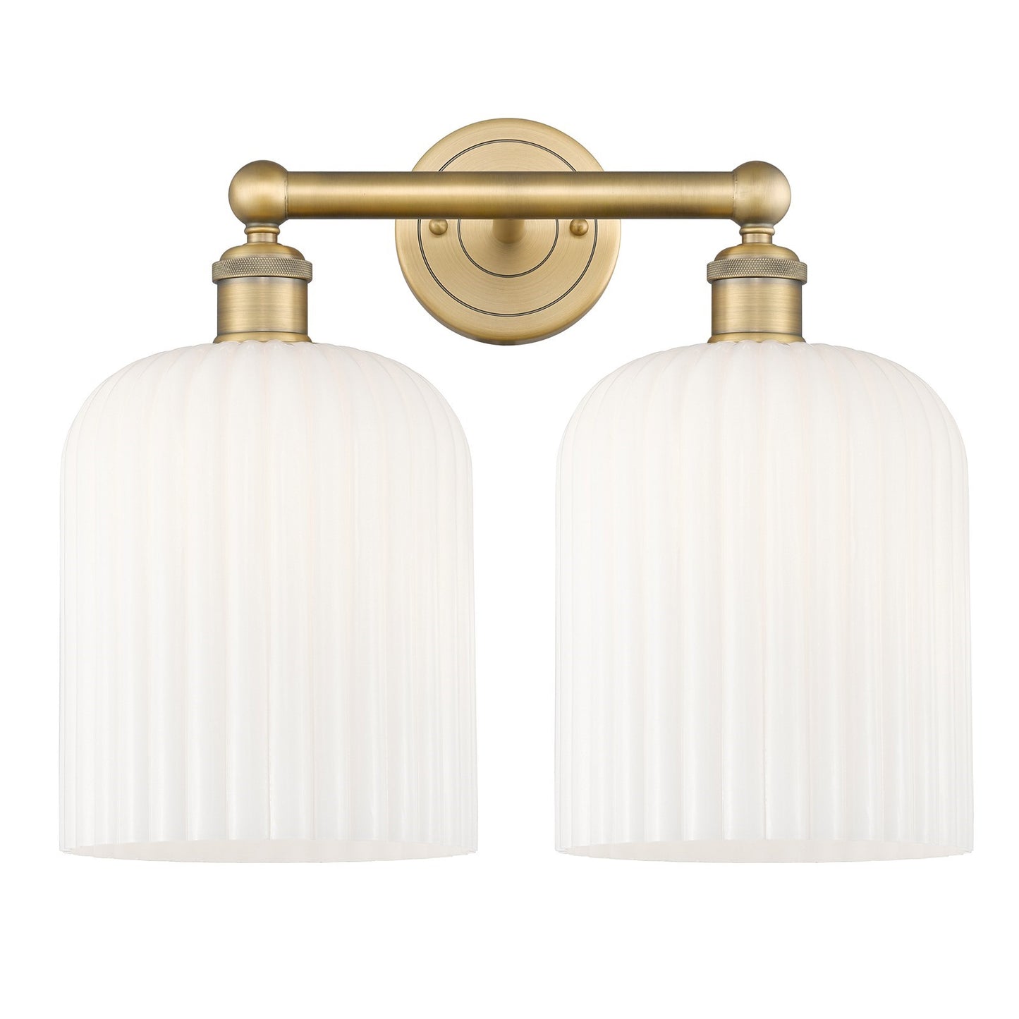 Innovations Bridal Veil 14in 2-Light Bath Vanity Light | Art Nouveau Industrial Brushed Brass and Gloss White Ribbed Glass | Model 616-2W-BB-G559-8GWH