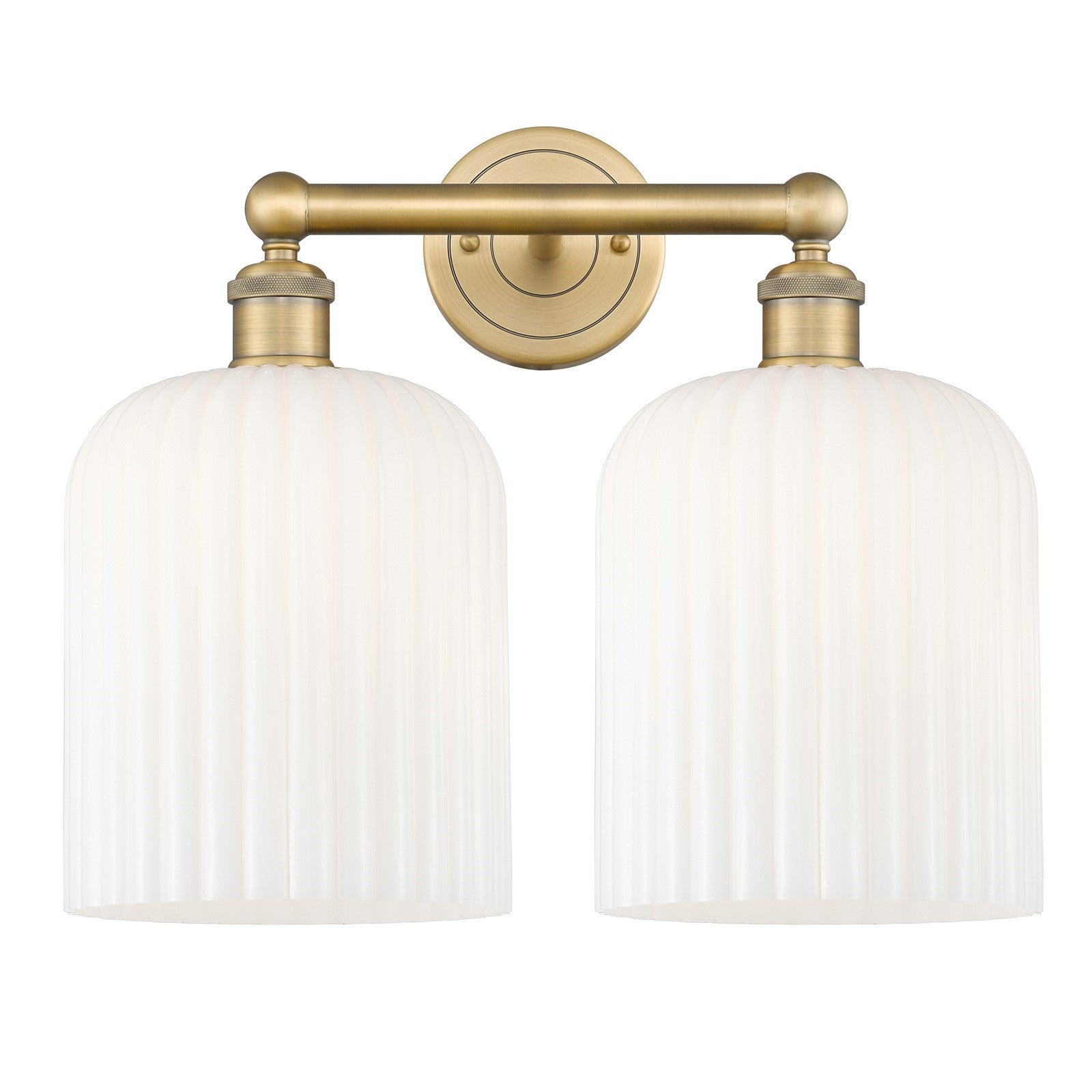 Innovations Bridal Veil 14in 2-Light Bath Vanity Light | Art Nouveau Industrial Brushed Brass and Gloss White Ribbed Glass | Model 616-2W-BB-G559-8GWH