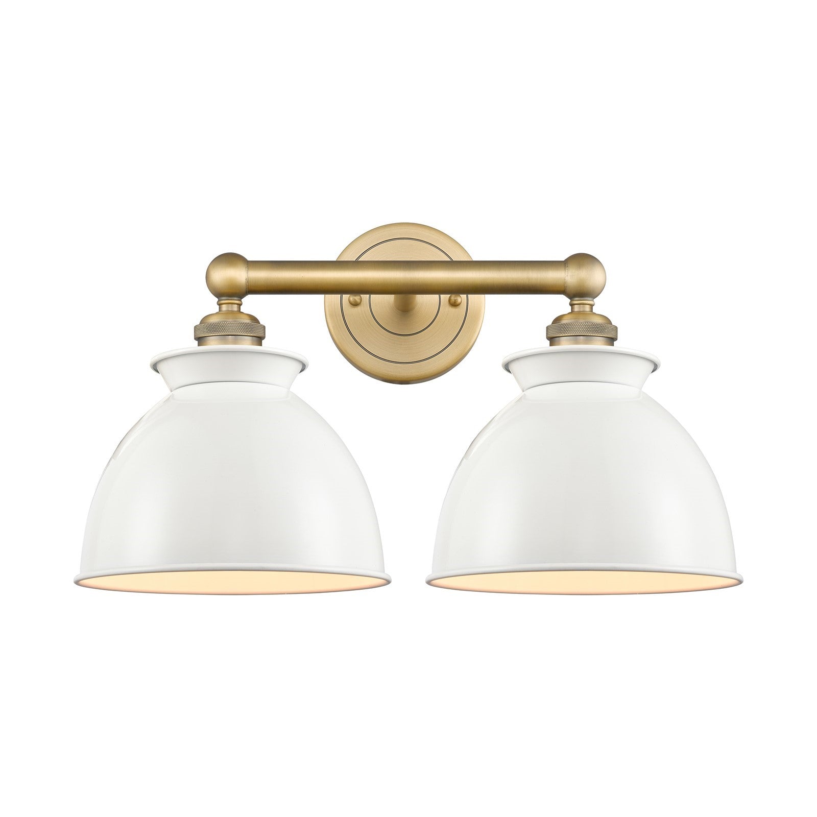 Innovations Adirondack 17in 2-Light Bath Vanity | Industrial Farmhouse Brushed Brass and Glossy White Metal Shade | Bathroom | Model 616-2W-BB-M14-W