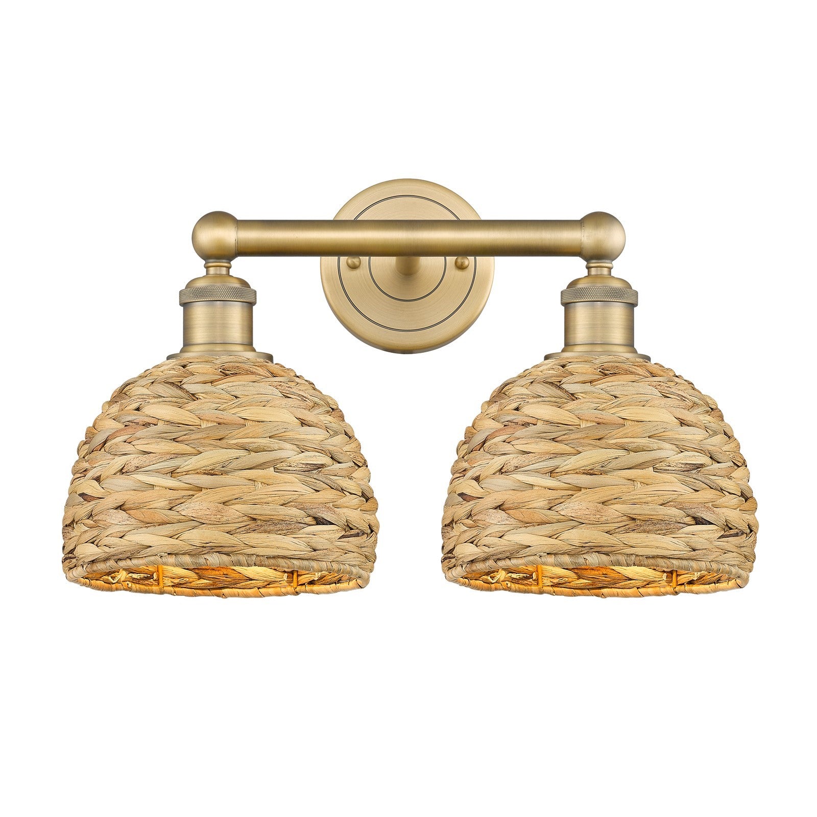 Innovations Woven Rattan 17in 2-Light Bath Vanity | Industrial Brushed Brass and Natural Fiber Dome Shade | Kitchen & Bathroom | Model 616-2W-BB-RBD-8-NAT