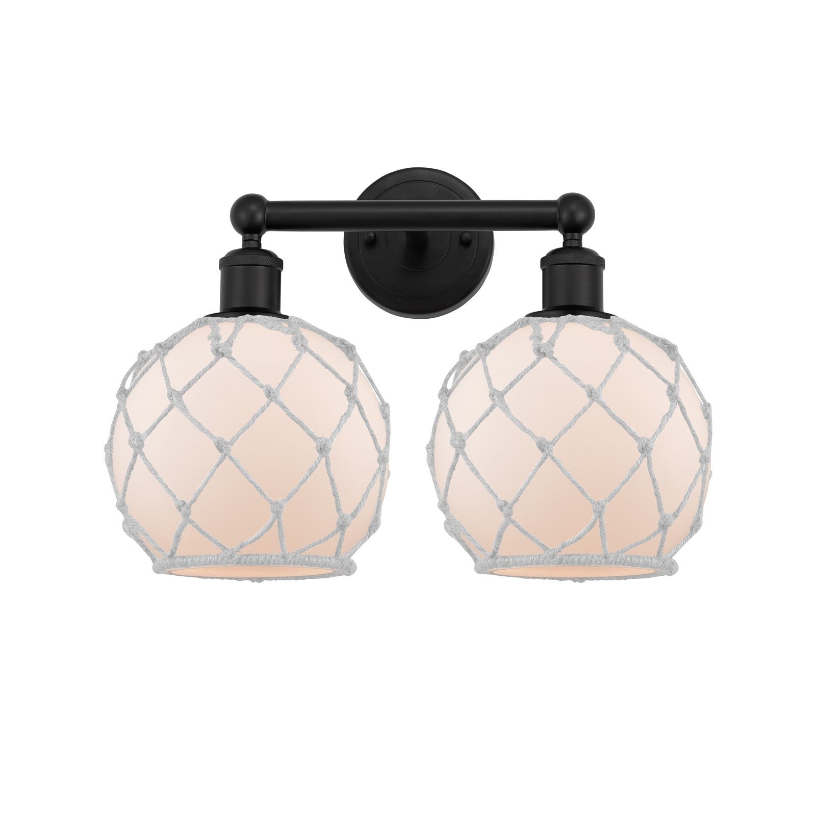 Innovations Farmhouse Rope 17in 2-Light Bath Vanity | Industrial Matte Black Steel and White Frosted Glass with Rope | Bathroom | Model 616-2W-BK-G121-8RW