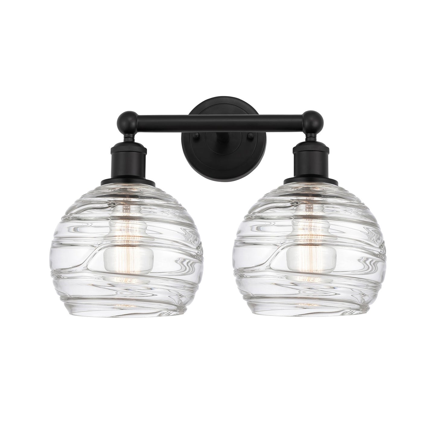 Innovations Athens Deco Swirl 17in 2-Light Bath Vanity | Industrial Matte Black Steel and Clear Deco Swirl Glass | Bathroom | Model 616-2W-BK-G1213-8CL