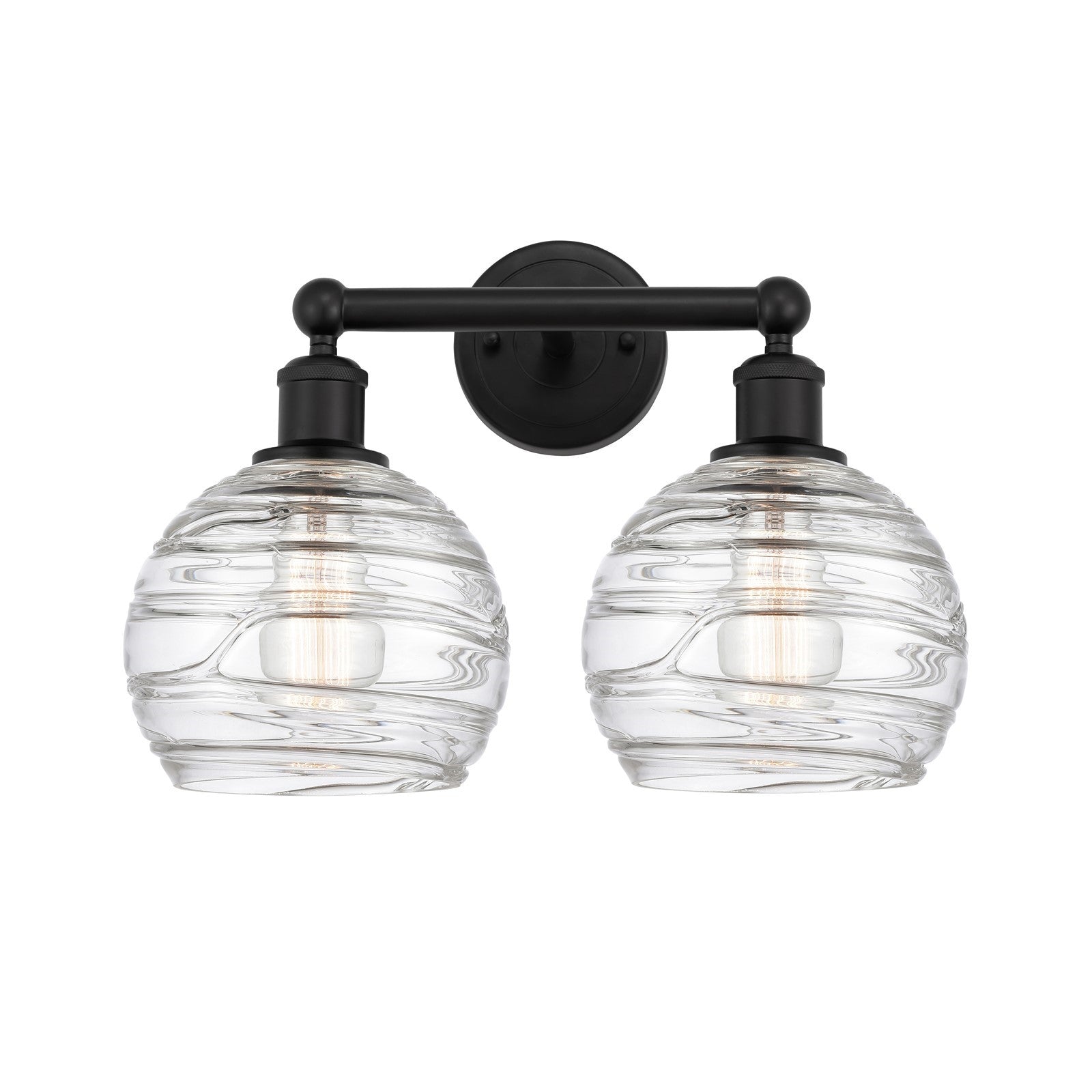 Innovations Athens Deco Swirl 17in 2-Light Bath Vanity | Industrial Matte Black Steel and Clear Deco Swirl Glass | Bathroom | Model 616-2W-BK-G1213-8CL