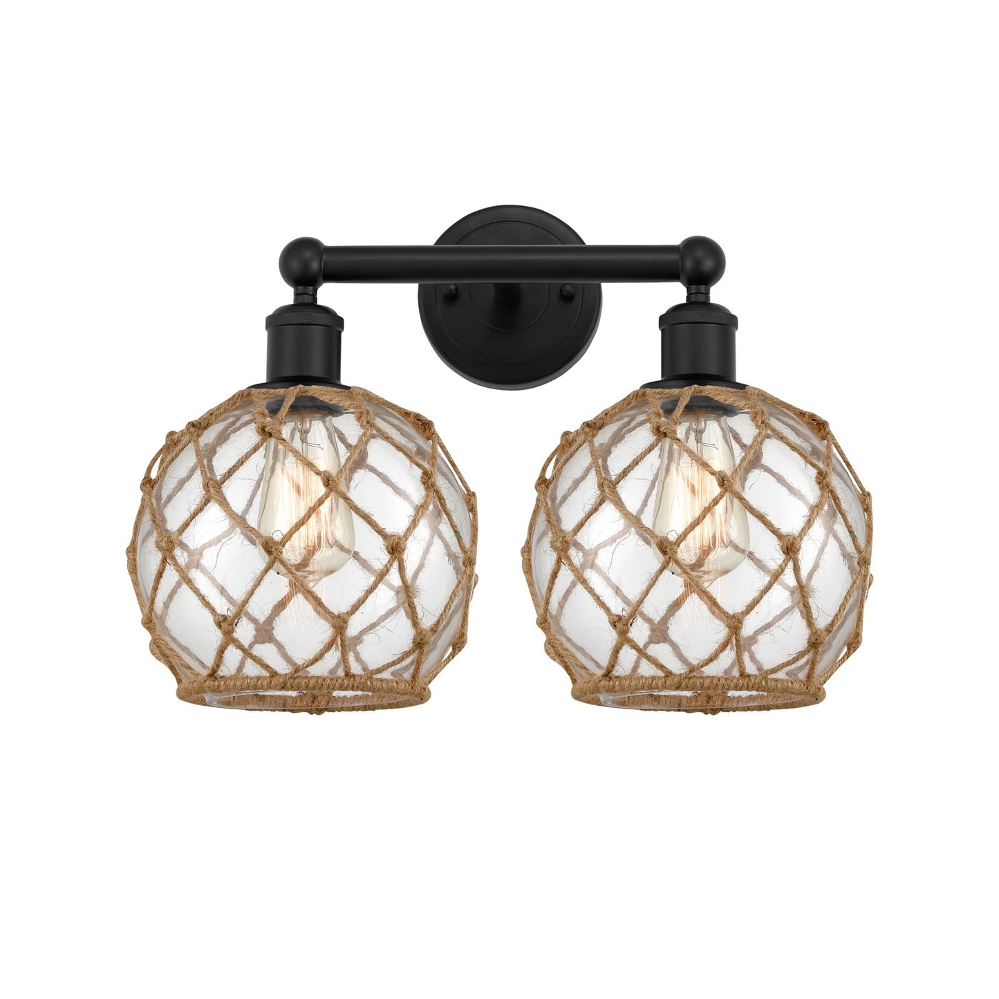 Innovations Farmhouse Rope 17in 2-Light Bath Vanity | Industrial Matte Black Steel and Clear Glass with Brown Rope | Bathroom | Model 616-2W-BK-G122-8RB