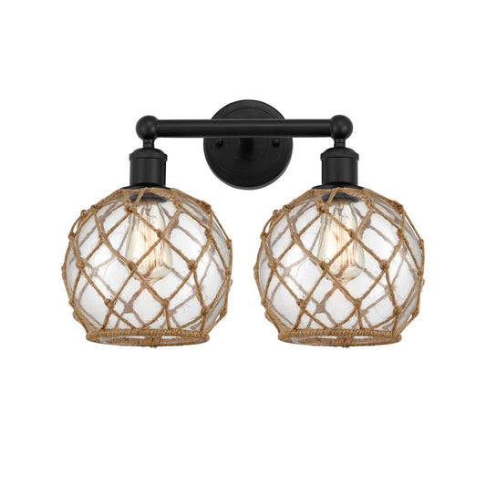 Innovations Farmhouse Rope 17in 2-Light Bath Vanity | Industrial Matte Black Steel and Clear Glass with Brown Rope | Bathroom | Model 616-2W-BK-G122-8RB