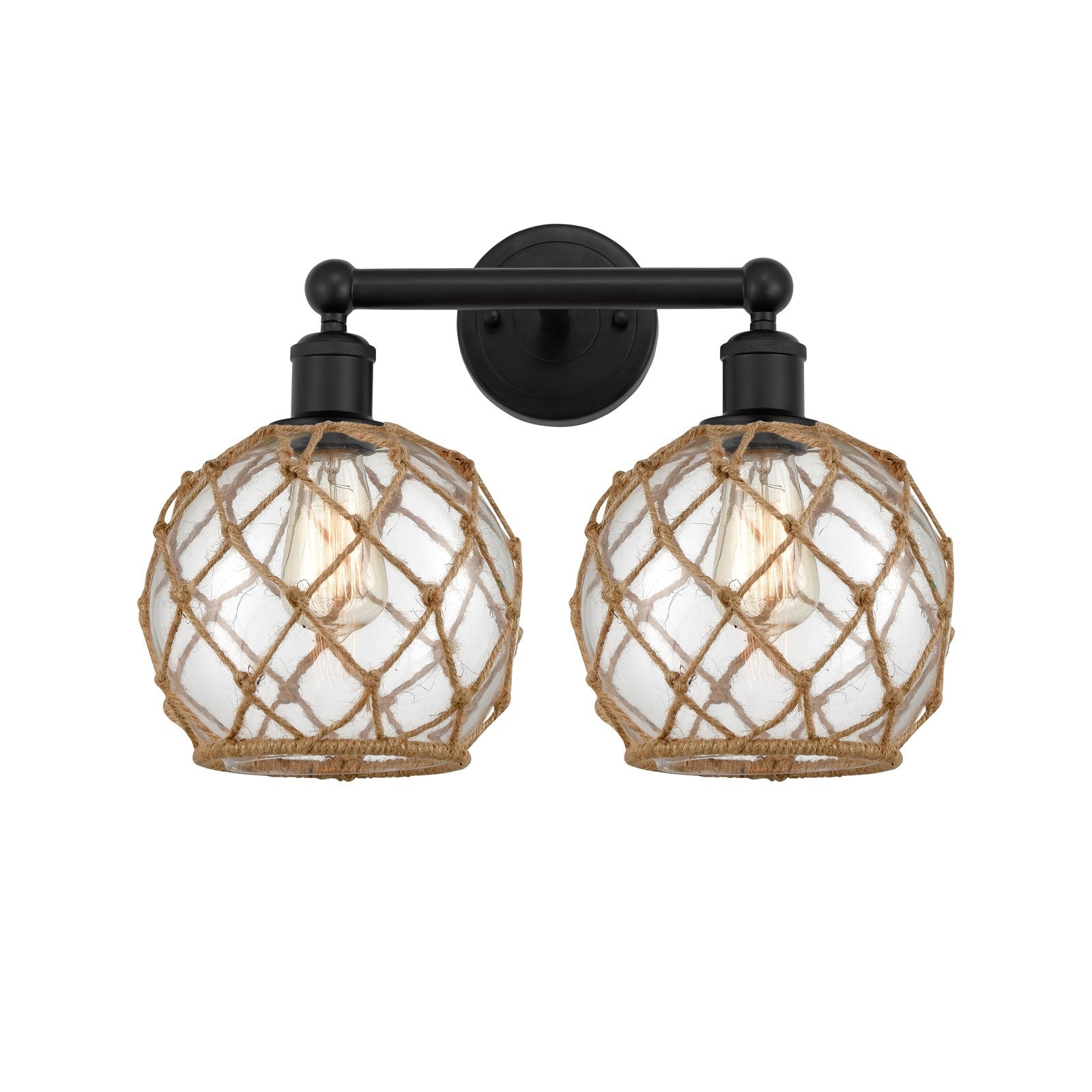 Innovations Farmhouse Rope 17in 2-Light Bath Vanity | Industrial Matte Black Steel and Clear Glass with Brown Rope | Bathroom | Model 616-2W-BK-G122-8RB