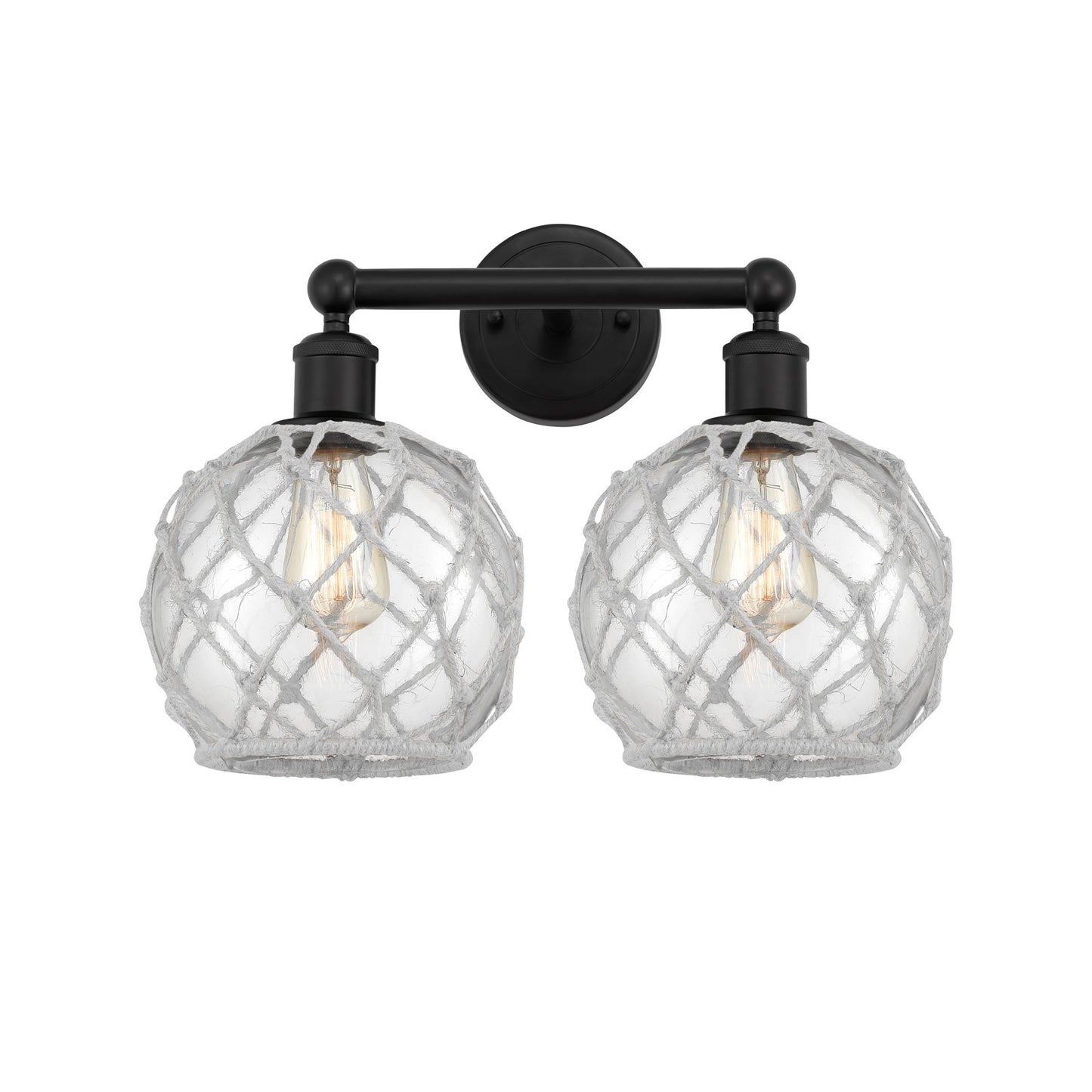 Innovations Farmhouse Rope 17in 2-Light Bath Vanity | Industrial Matte Black Steel and Clear Glass with White Rope | Bathroom | Model 616-2W-BK-G122-8RW