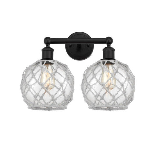 Innovations Farmhouse Rope 17in 2-Light Bath Vanity | Industrial Matte Black Steel and Clear Glass with White Rope | Bathroom | Model 616-2W-BK-G122-8RW