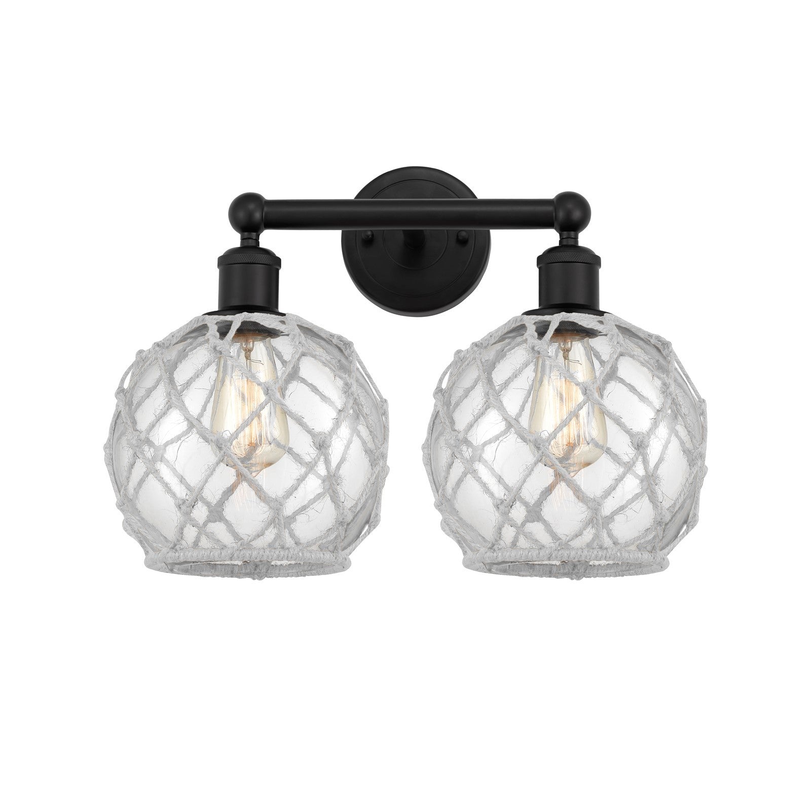 Innovations Farmhouse Rope 17in 2-Light Bath Vanity | Industrial Matte Black Steel and Clear Glass with White Rope | Bathroom | Model 616-2W-BK-G122-8RW