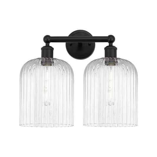 Innovations Bridal Veil 14in 2-Light Bath Vanity Light | Art Nouveau Industrial Matte Black Steel and Clear Ribbed Glass | Model 616-2W-BK-G559-8CL