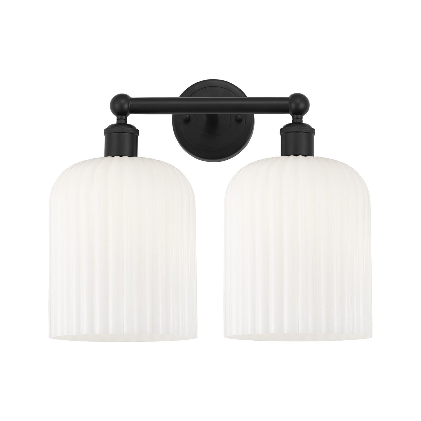 Innovations Bridal Veil 14in 2-Light Bath Vanity Light | Industrial Art Nouveau Matte Black Steel and Gloss White Ribbed Glass | Model 616-2W-BK-G559-8GWH