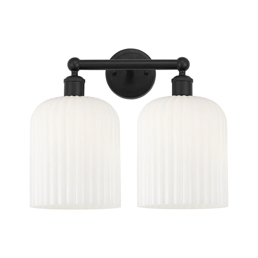 Innovations Bridal Veil 14in 2-Light Bath Vanity Light | Industrial Art Nouveau Matte Black Steel and Gloss White Ribbed Glass | Model 616-2W-BK-G559-8GWH
