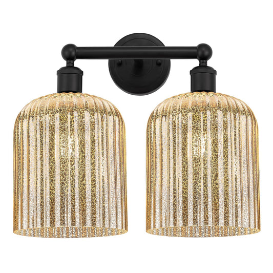 Innovations Bridal Veil 14in 2-Light Bath Vanity Light | Art Nouveau Matte Black Steel and Mercury Ribbed Glass | Bathroom | Model 616-2W-BK-G559-8ME