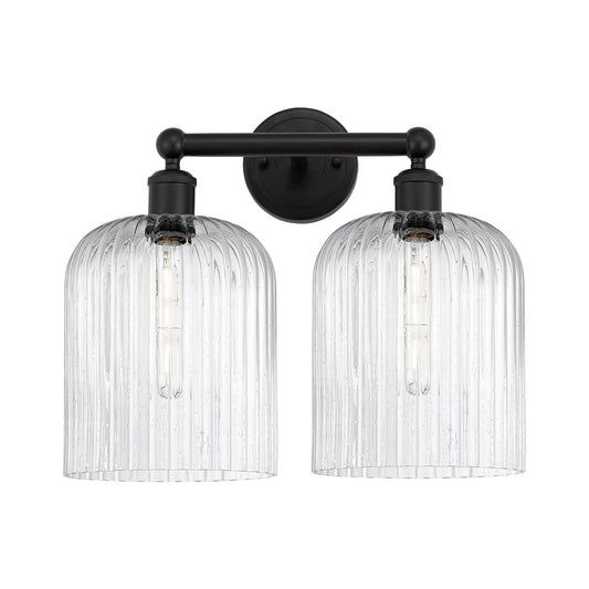 Innovations Bridal Veil 14in 2-Light Bath Vanity Light | Industrial Matte Black Steel and Seedy Ribbed Bell Glass | Bathroom | Model 616-2W-BK-G559-8SDY