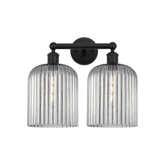 Innovations Bridal Veil 14in 2-Light Bath Vanity | Industrial Art Nouveau Matte Black Steel and Light Smoke Ribbed Glass | Model 616-2W-BK-G559-8SM
