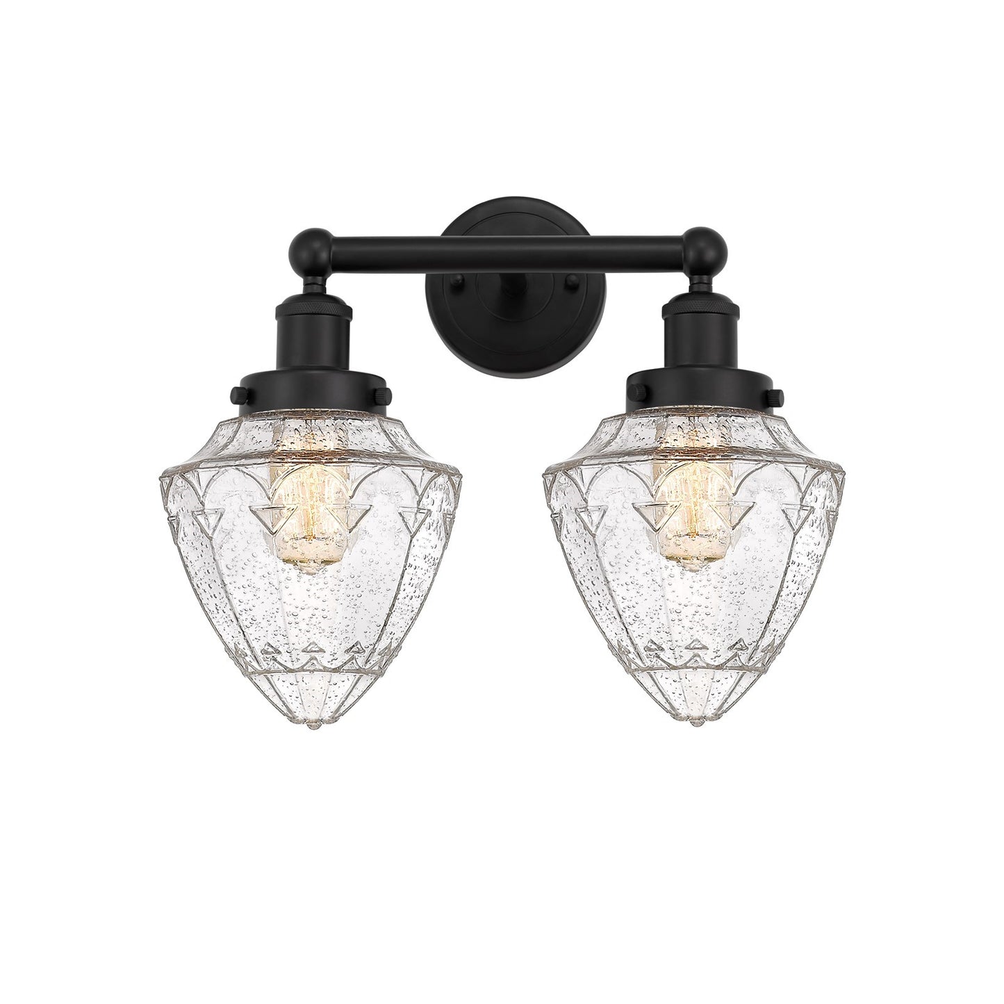 Innovations Bullet 16in 2-Light Bath Vanity Light | Industrial Matte Black Steel and Seedy Glass | Bathroom Vanity & Powder Room | Model 616-2W-BK-G664-7
