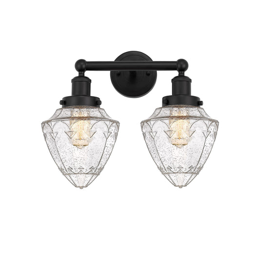 Innovations Bullet 16in 2-Light Bath Vanity Light | Industrial Matte Black Steel and Seedy Glass | Bathroom Vanity & Powder Room | Model 616-2W-BK-G664-7